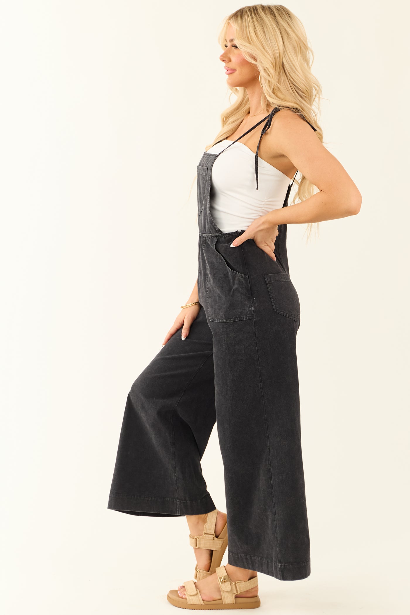 Black Washed Chambray Denim Overalls Jumpsuit