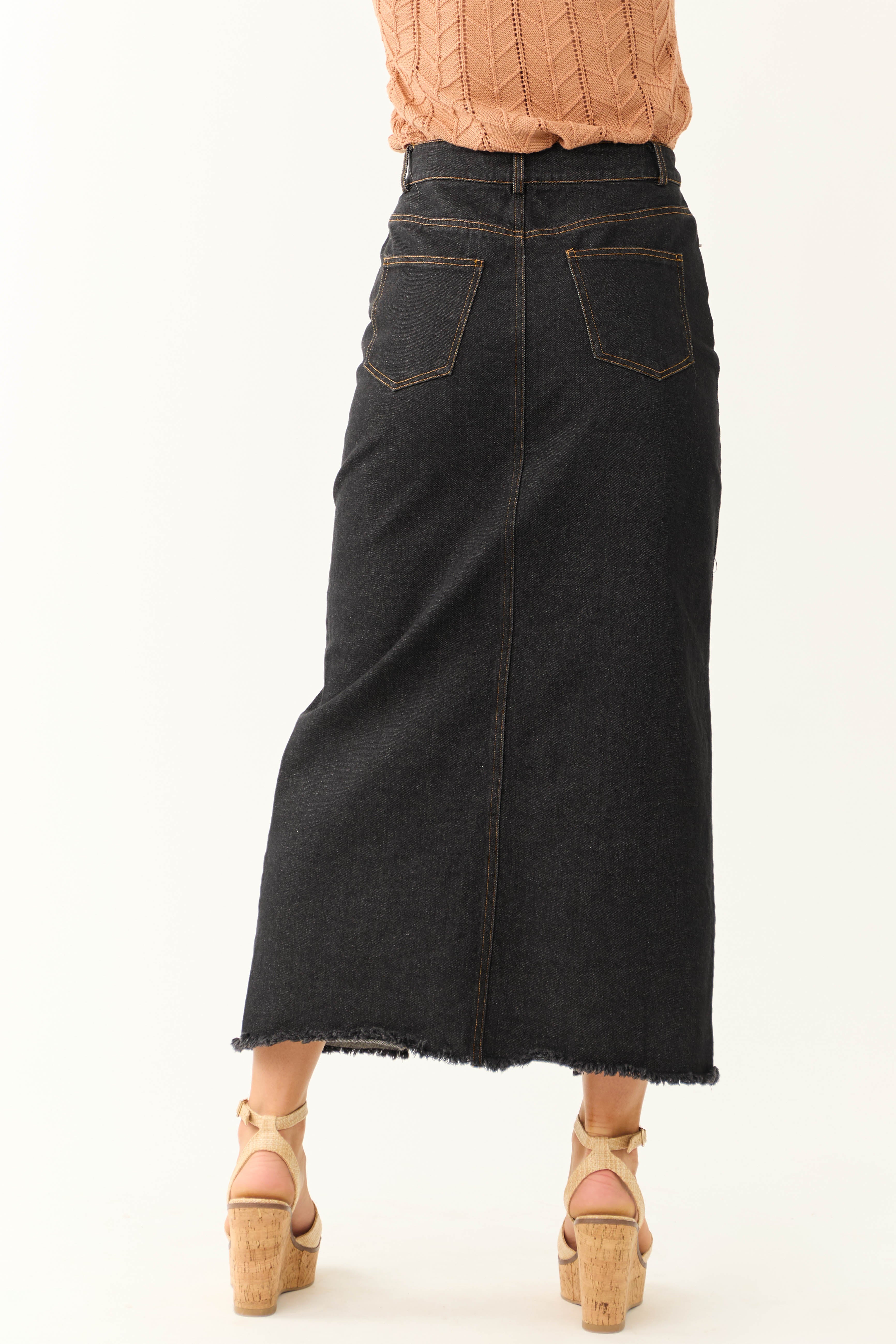 Black Washed Denim Front Slit Frayed Maxi Skirt