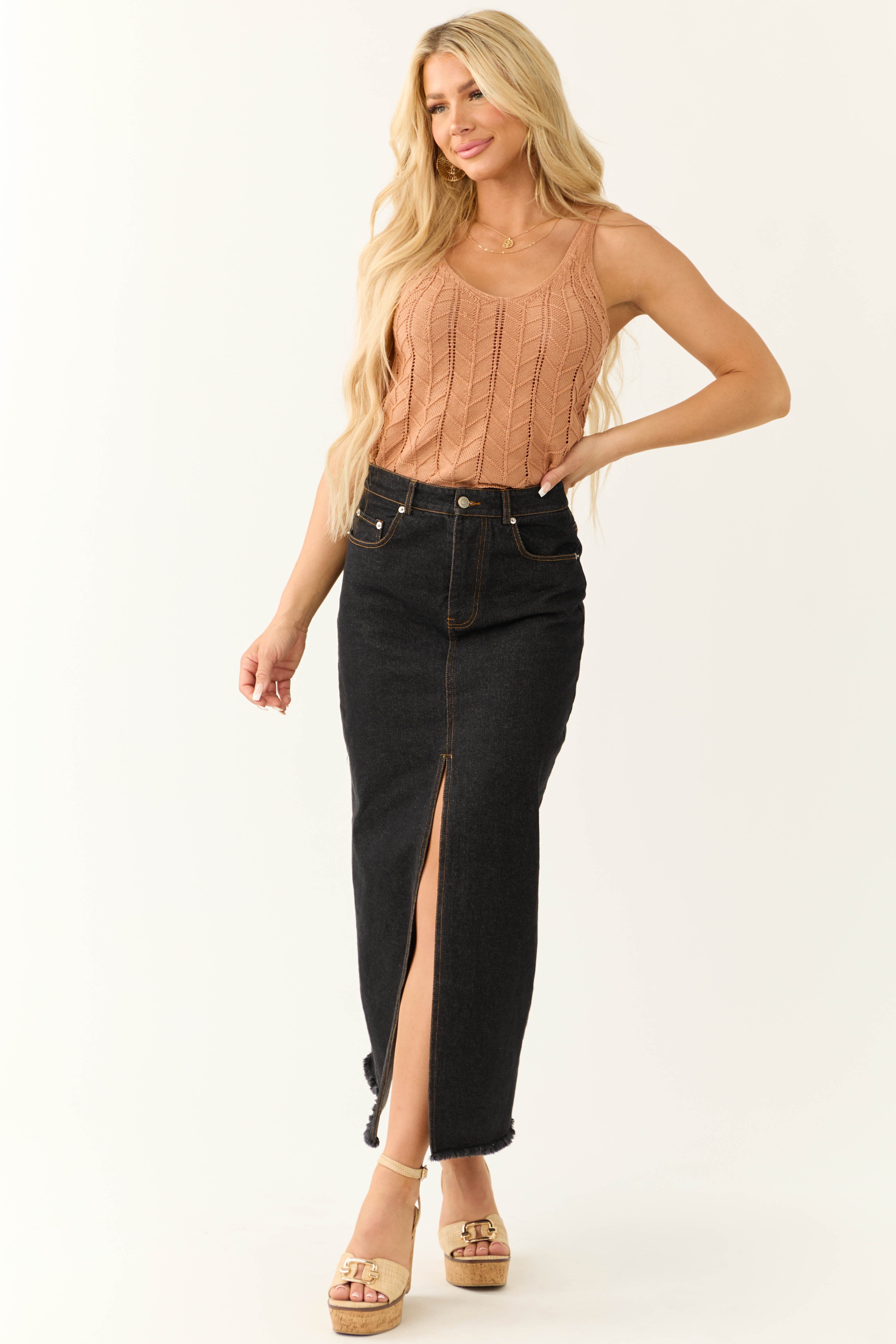 Black Washed Denim Front Slit Frayed Maxi Skirt