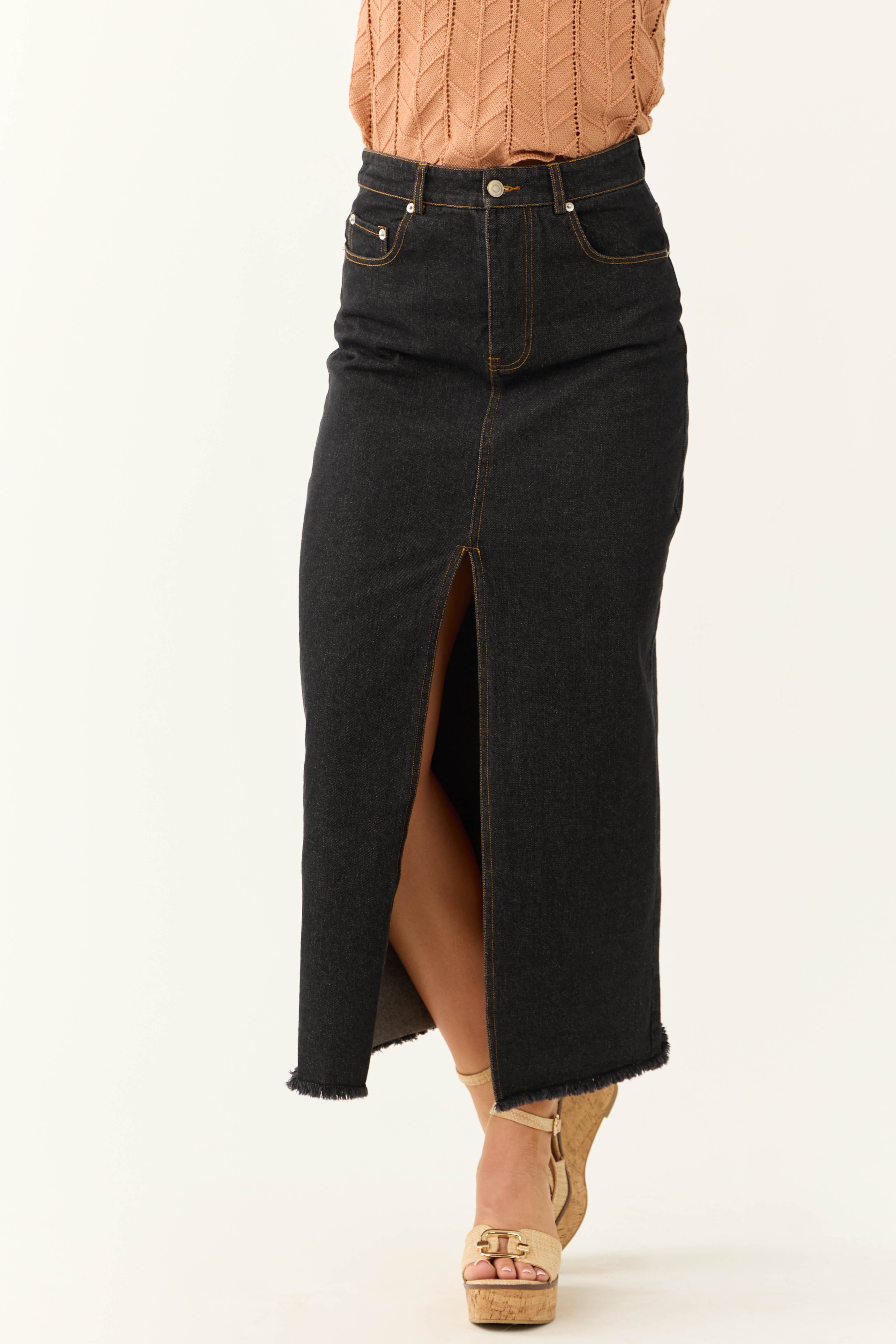 Black Washed Denim Front Slit Frayed Maxi Skirt