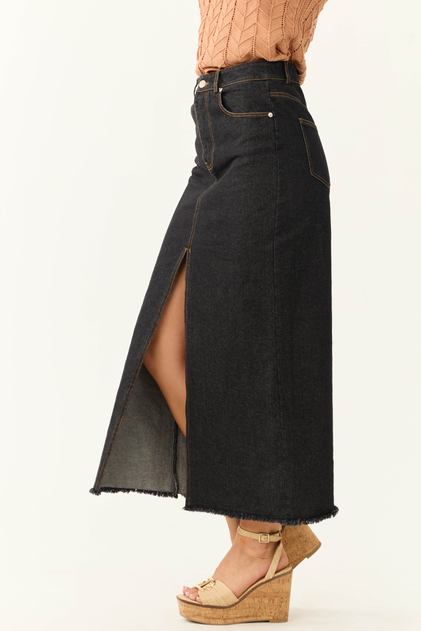 Black Washed Denim Front Slit Frayed Maxi Skirt
