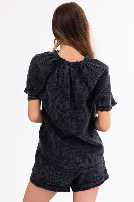 Black Washed Gauze Texture Shirt and Shorts