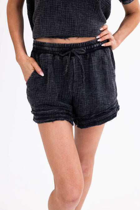 Black Washed Gauze Texture Shirt and Shorts