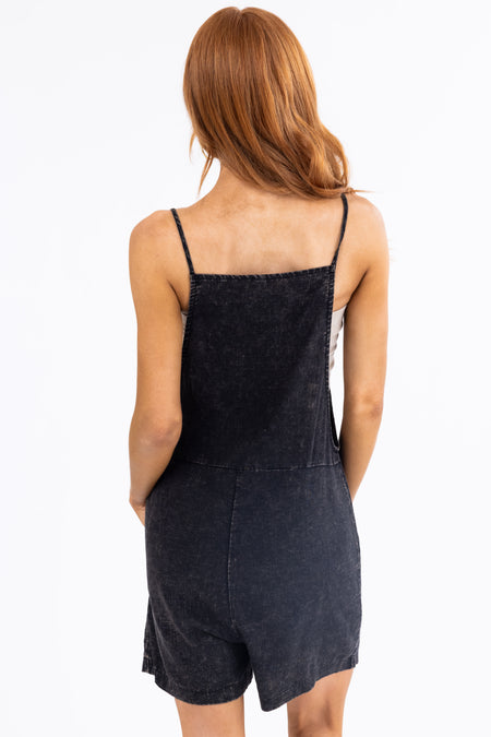 Black Washed Linen Knotted Strap Romper