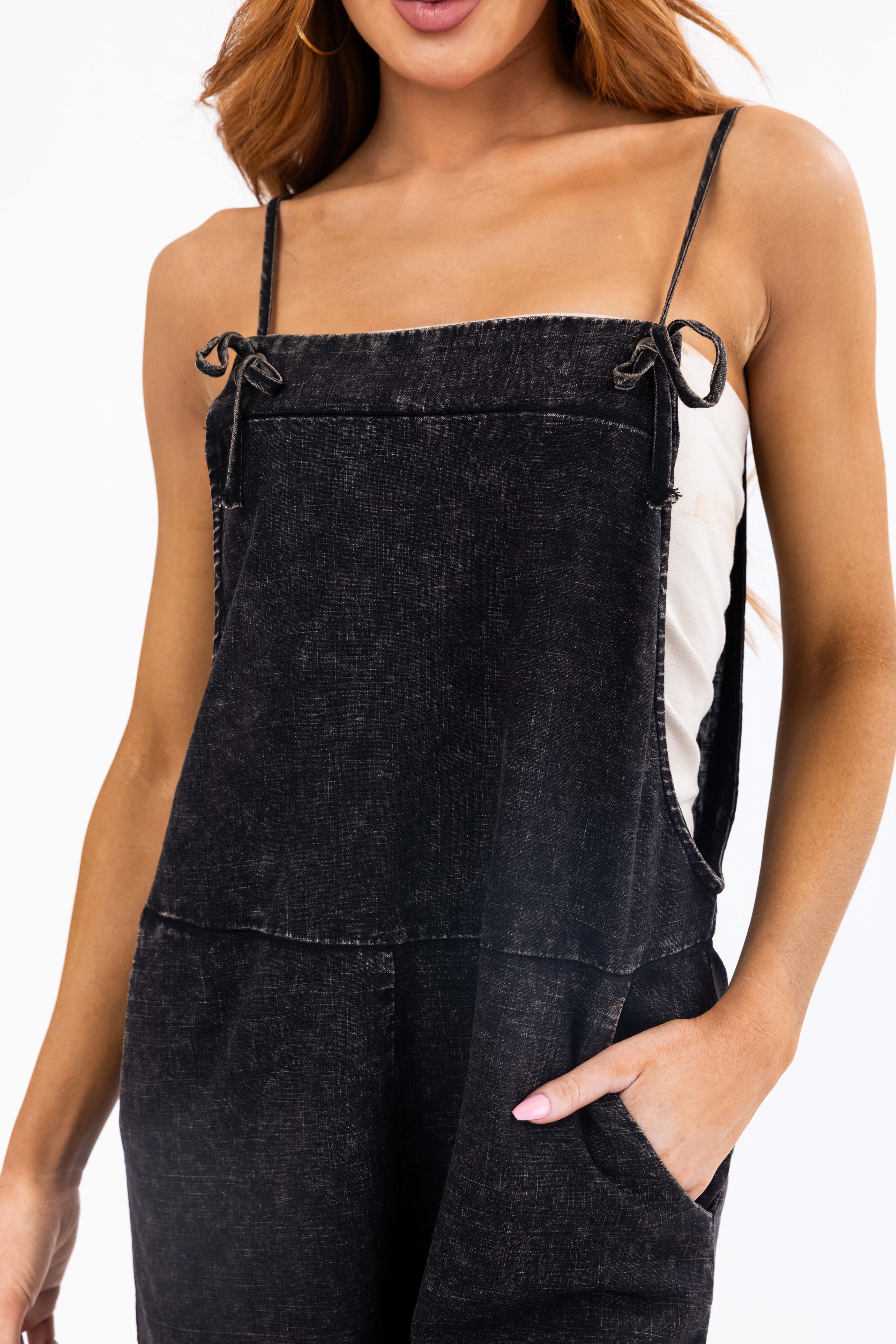 Black Washed Linen Knotted Strap Romper