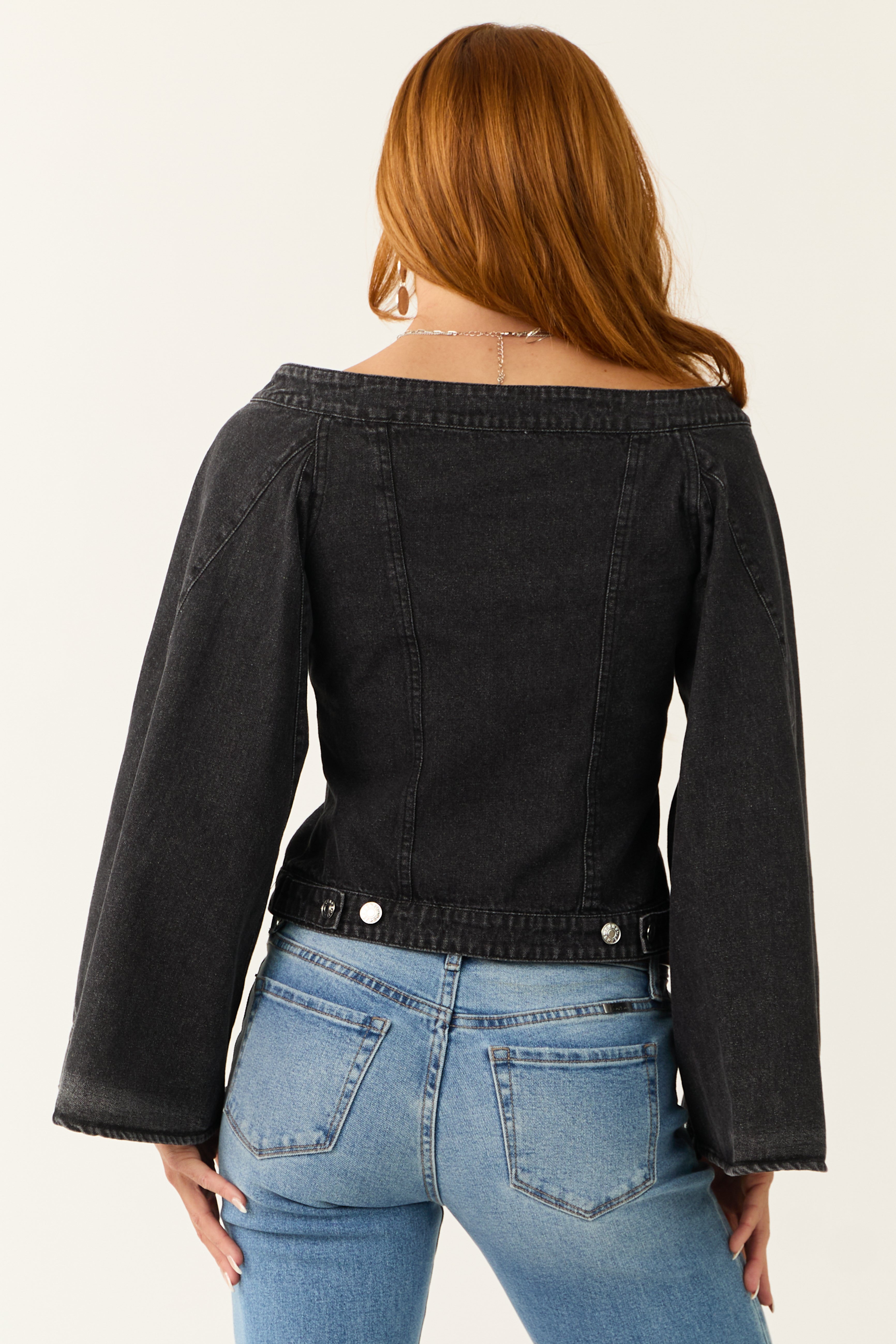 Black Washed Off the Shoulder Denim Jacket