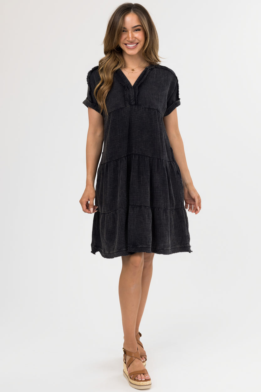 Black Washed Tiered V Neck Mini Dress