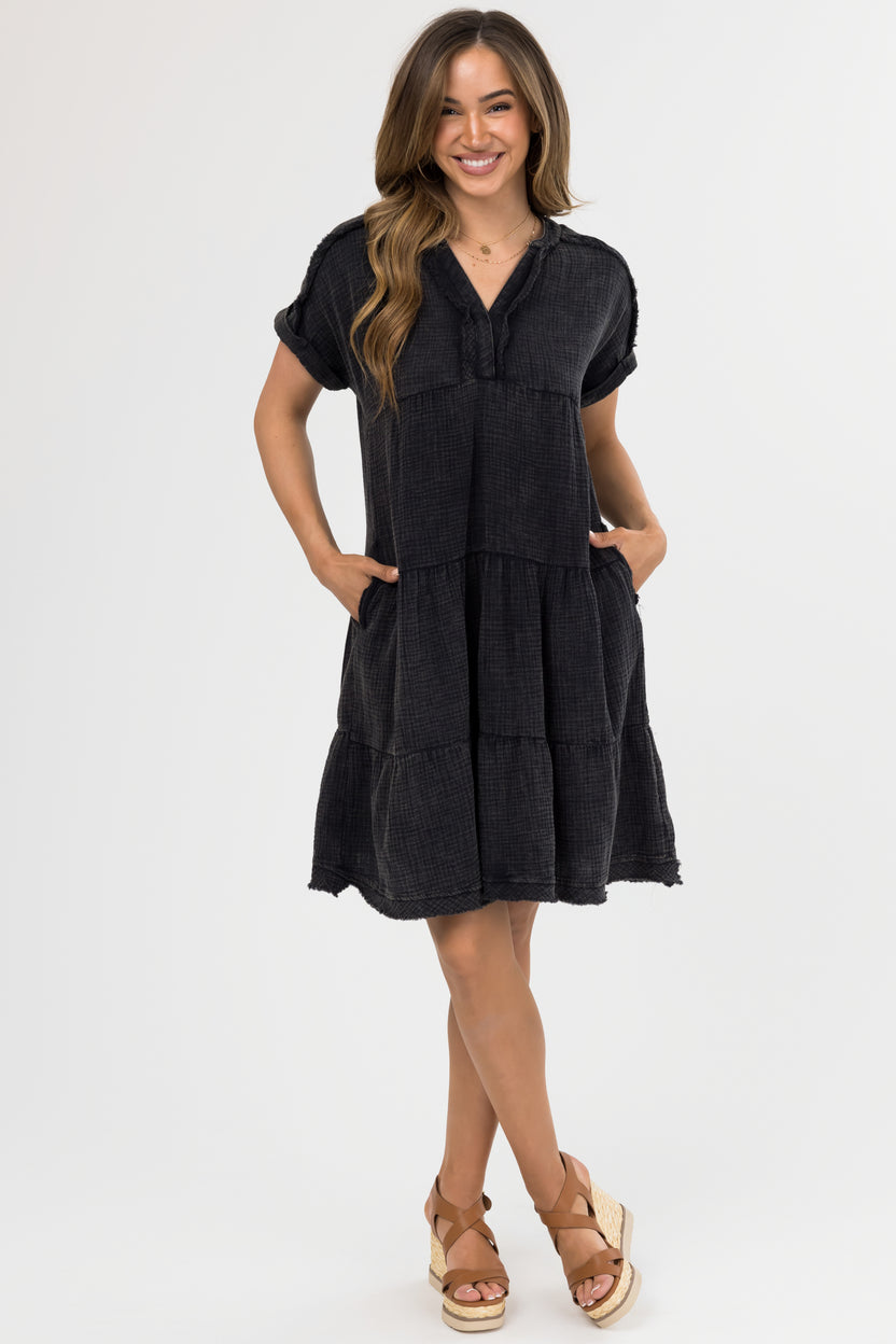 Black Washed Tiered V Neck Mini Dress