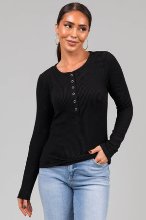 Black Wavy Ribbed Knit Snap Button Top