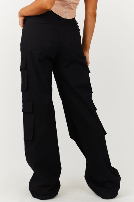 Black Wide Leg Denim Cargo Pants