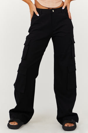 Black Wide Leg Denim Cargo Pants