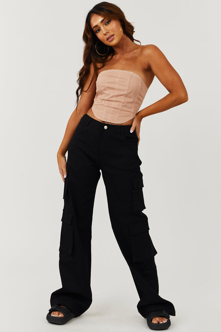 Black Wide Leg Denim Cargo Pants