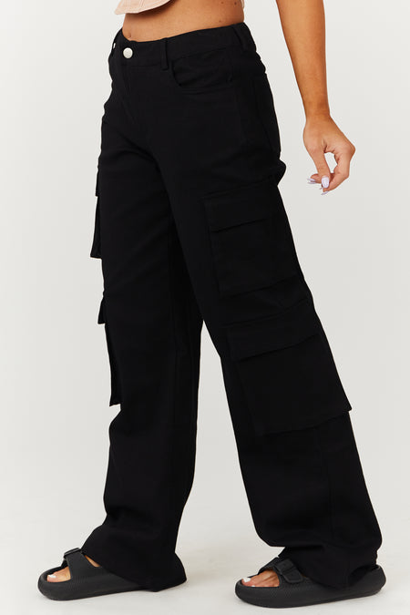 Black Wide Leg Denim Cargo Pants