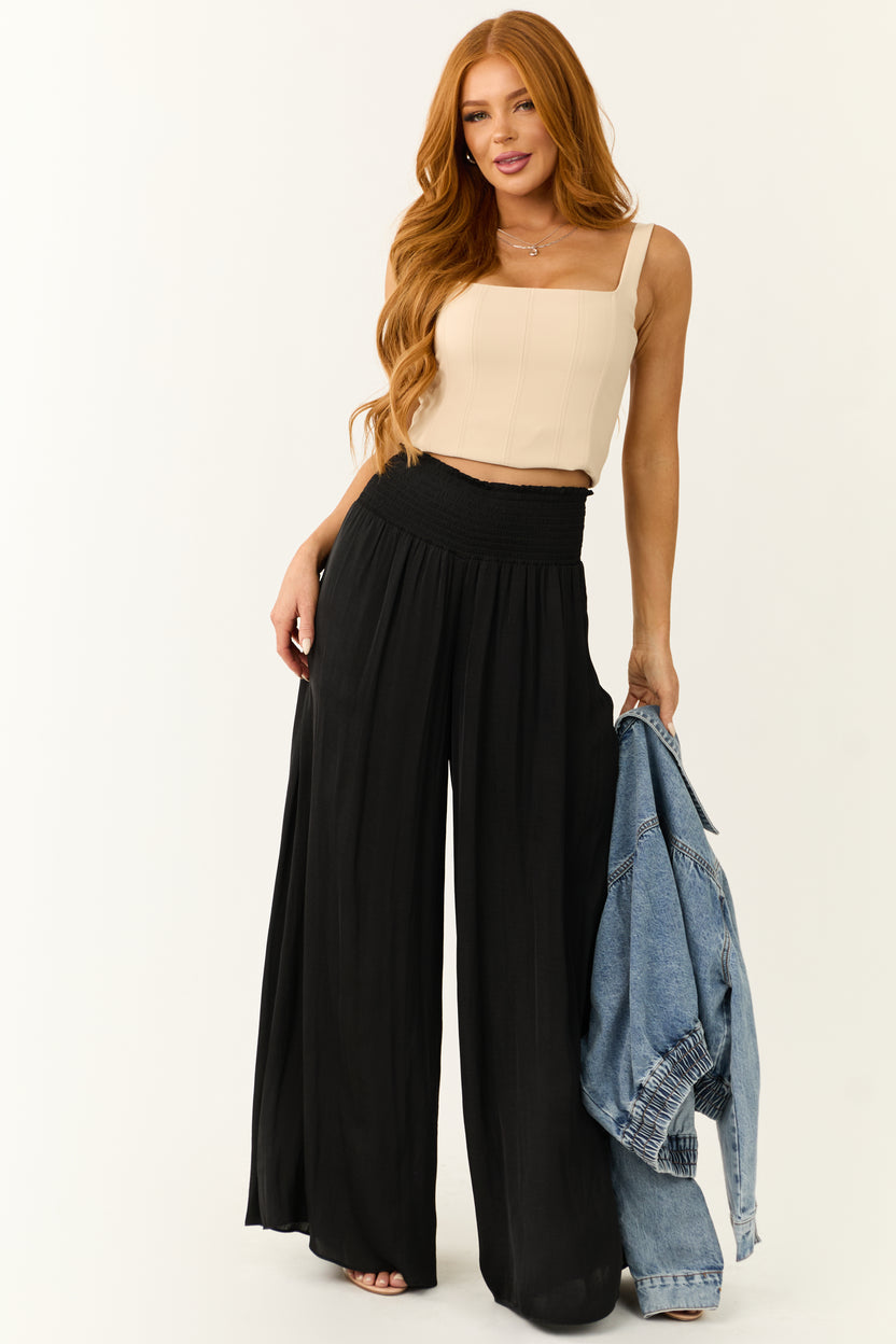 Black Wide Leg Smocked High Rise Pants