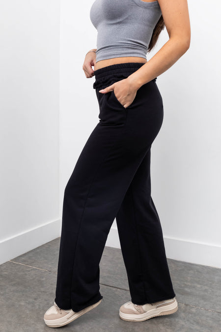 Black Wide Leg Smocked Waist Soft Knit Pants