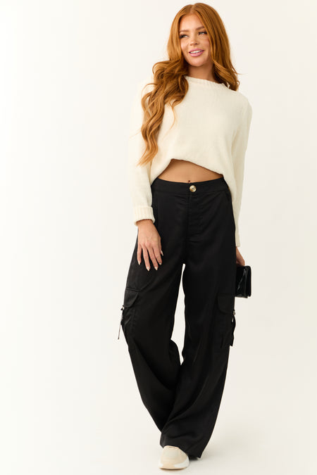 Black Wide Leg Strapped Cargo Pocket Pants