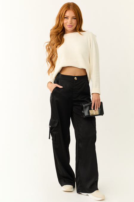 Black Wide Leg Strapped Cargo Pocket Pants