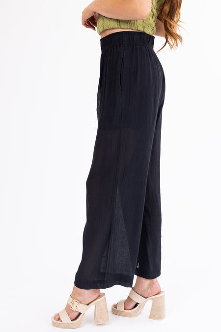 Black Wide Leg Textured Woven Pants