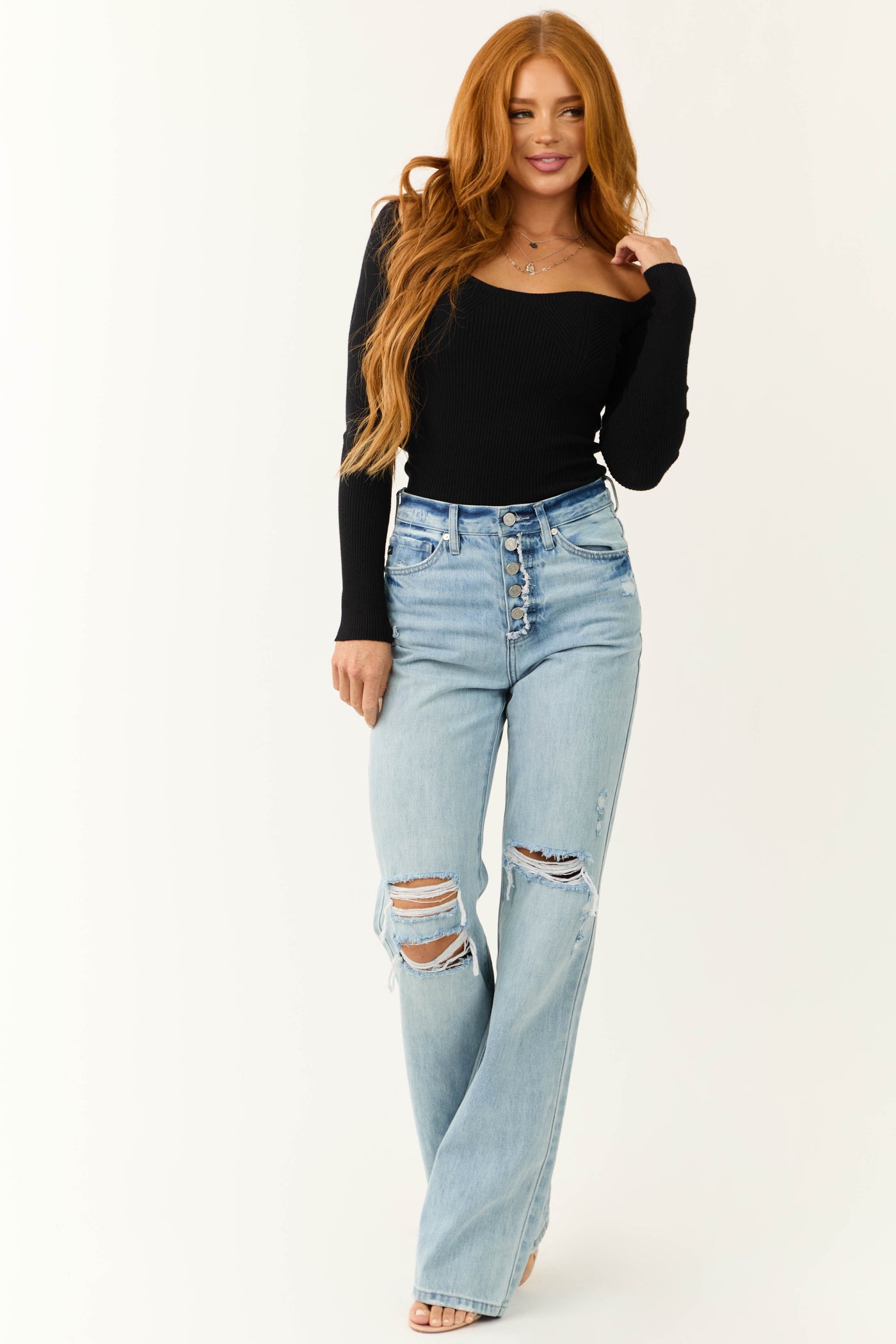 Black Wide Sweetheart Neck Ribbed Knit Top