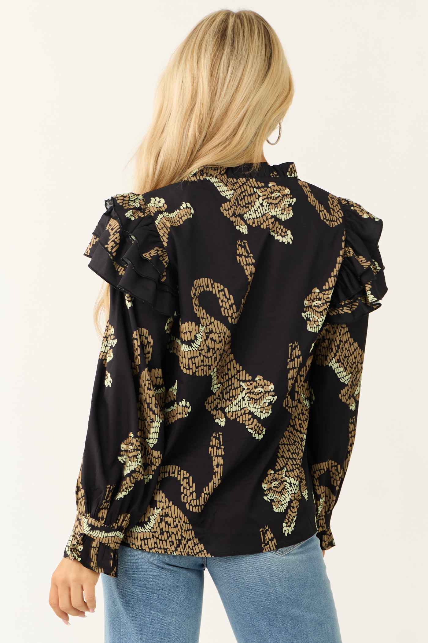 Black Wild Cat Print Embroidered Yoke Top