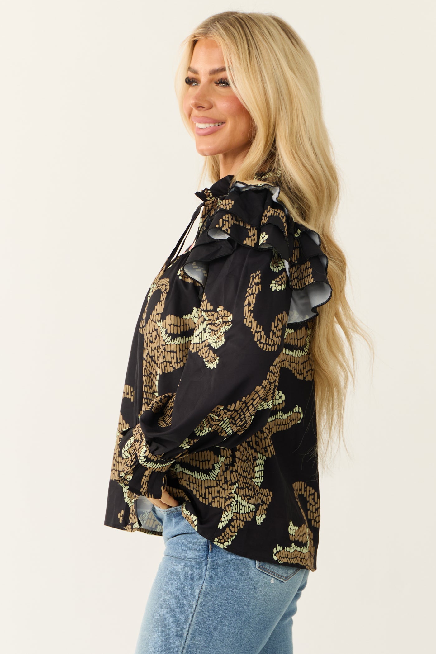 Black Wild Cat Print Embroidered Yoke Top