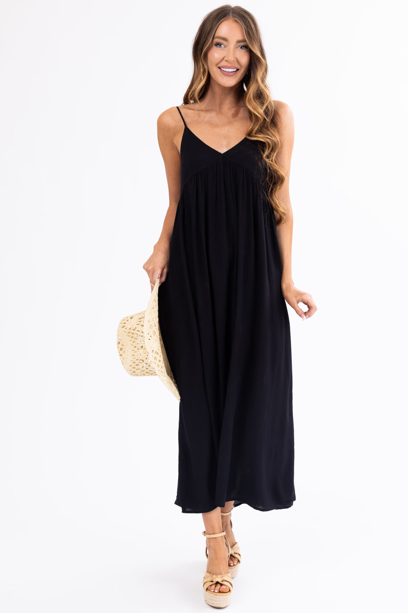 Black Woven Strapless Flowy Midi Dress