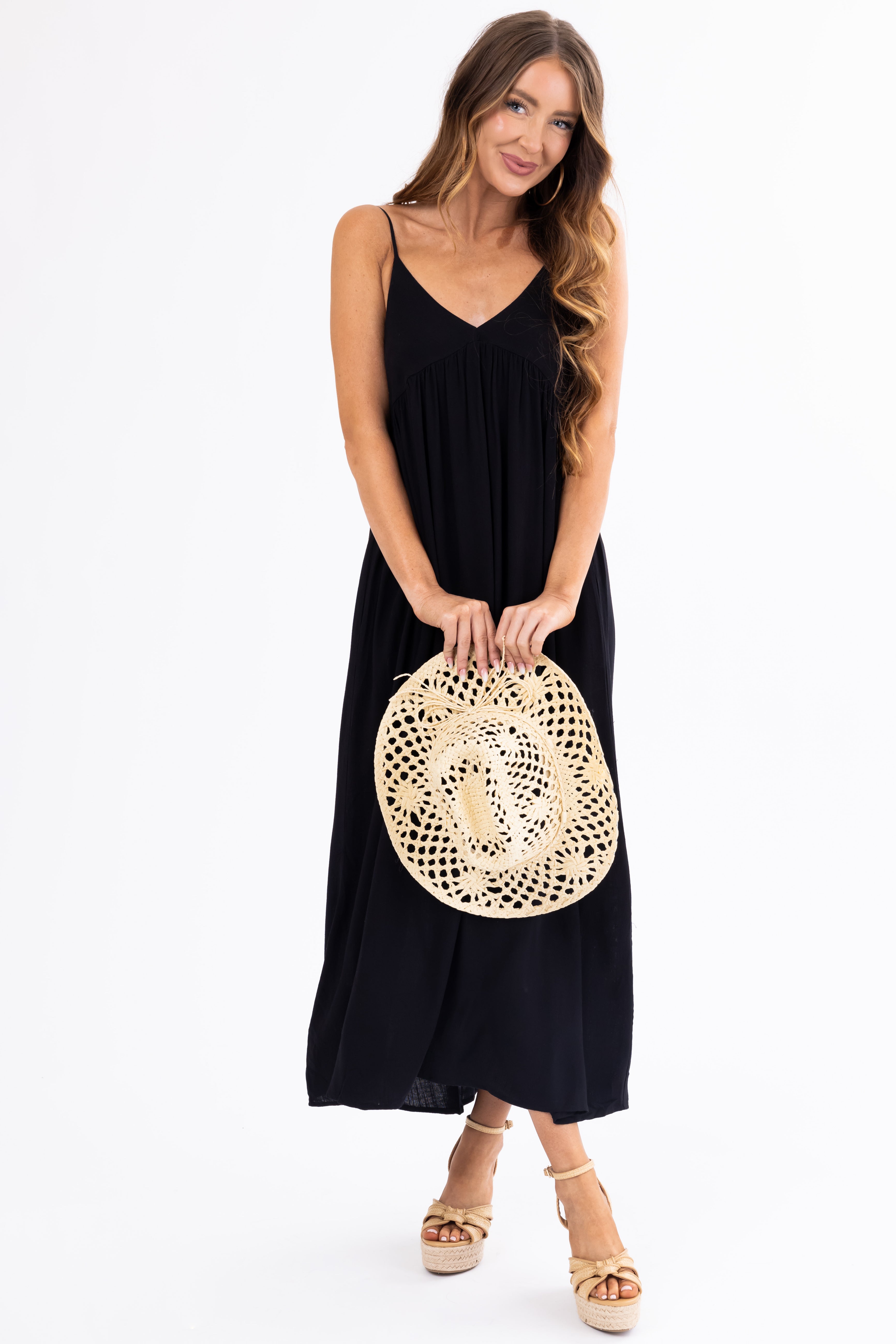 Black Woven Strapless Flowy Midi Dress