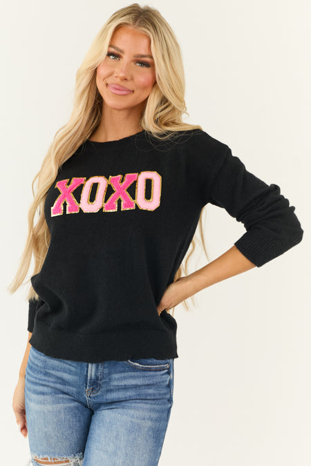 Black 'XOXO' Glitter Patch Long Sleeve Sweater