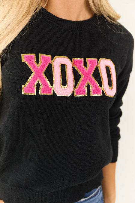 Black 'XOXO' Glitter Patch Long Sleeve Sweater