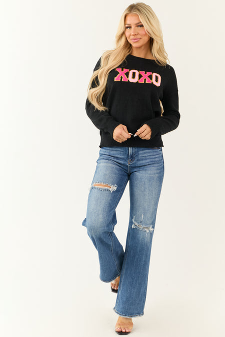 Black 'XOXO' Glitter Patch Long Sleeve Sweater