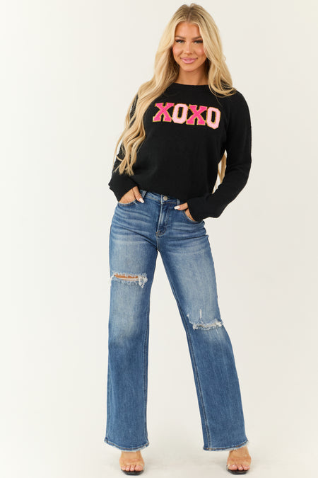 Black 'XOXO' Glitter Patch Long Sleeve Sweater