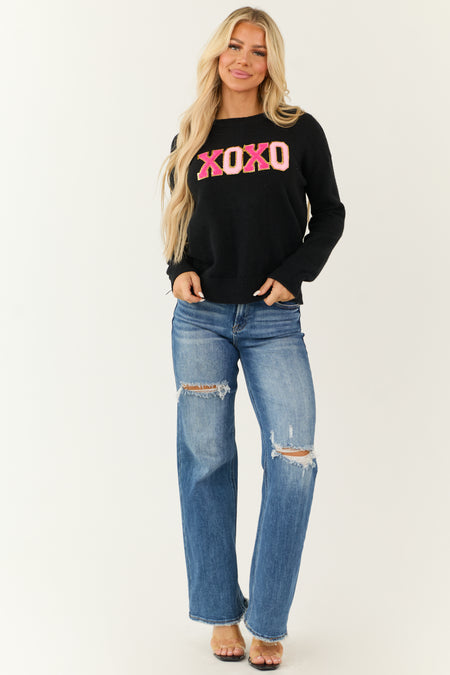 Black 'XOXO' Glitter Patch Long Sleeve Sweater