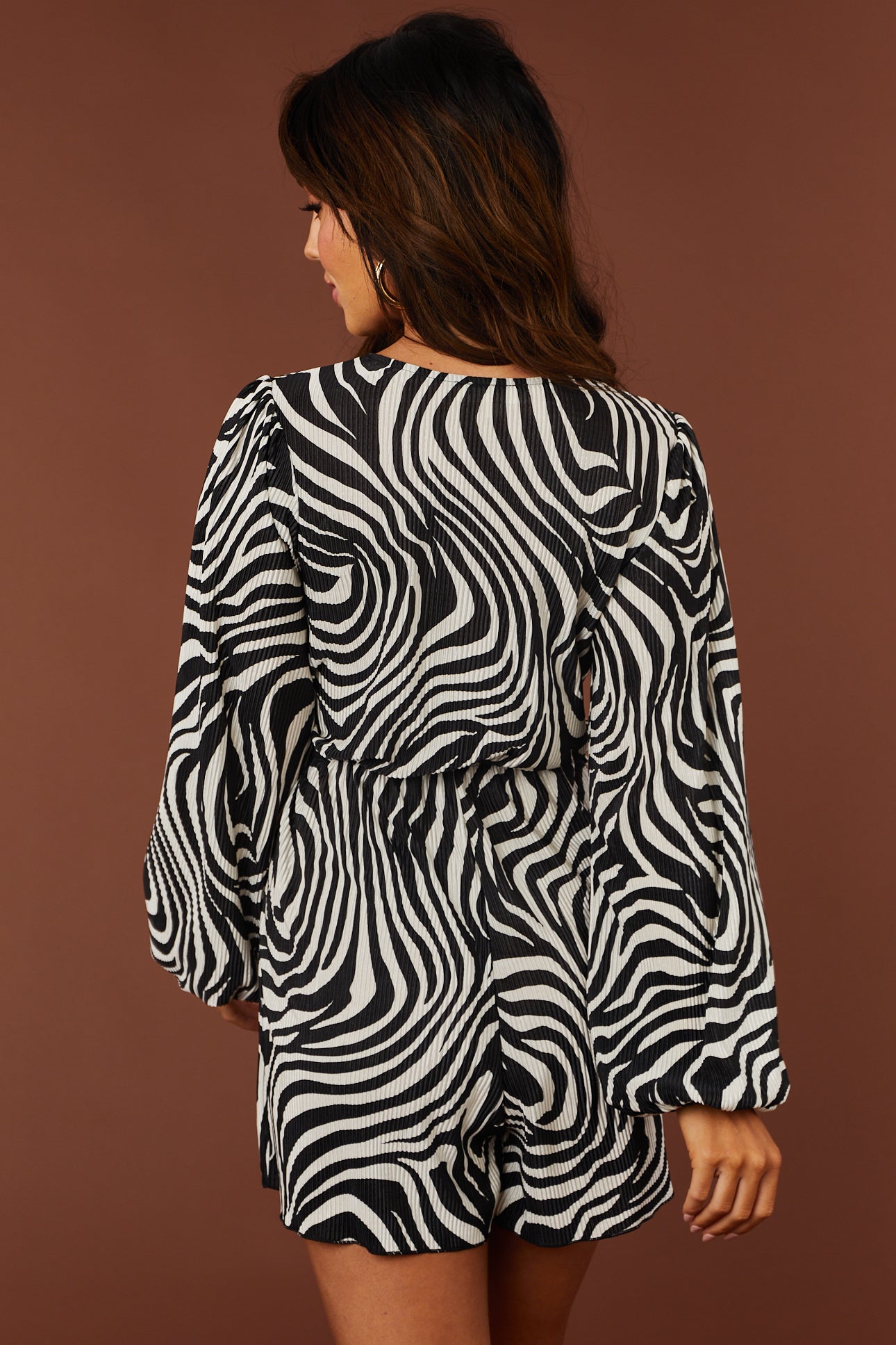 Black Zebra Bubble Sleeve Satin Plisse Romper | Lime Lush