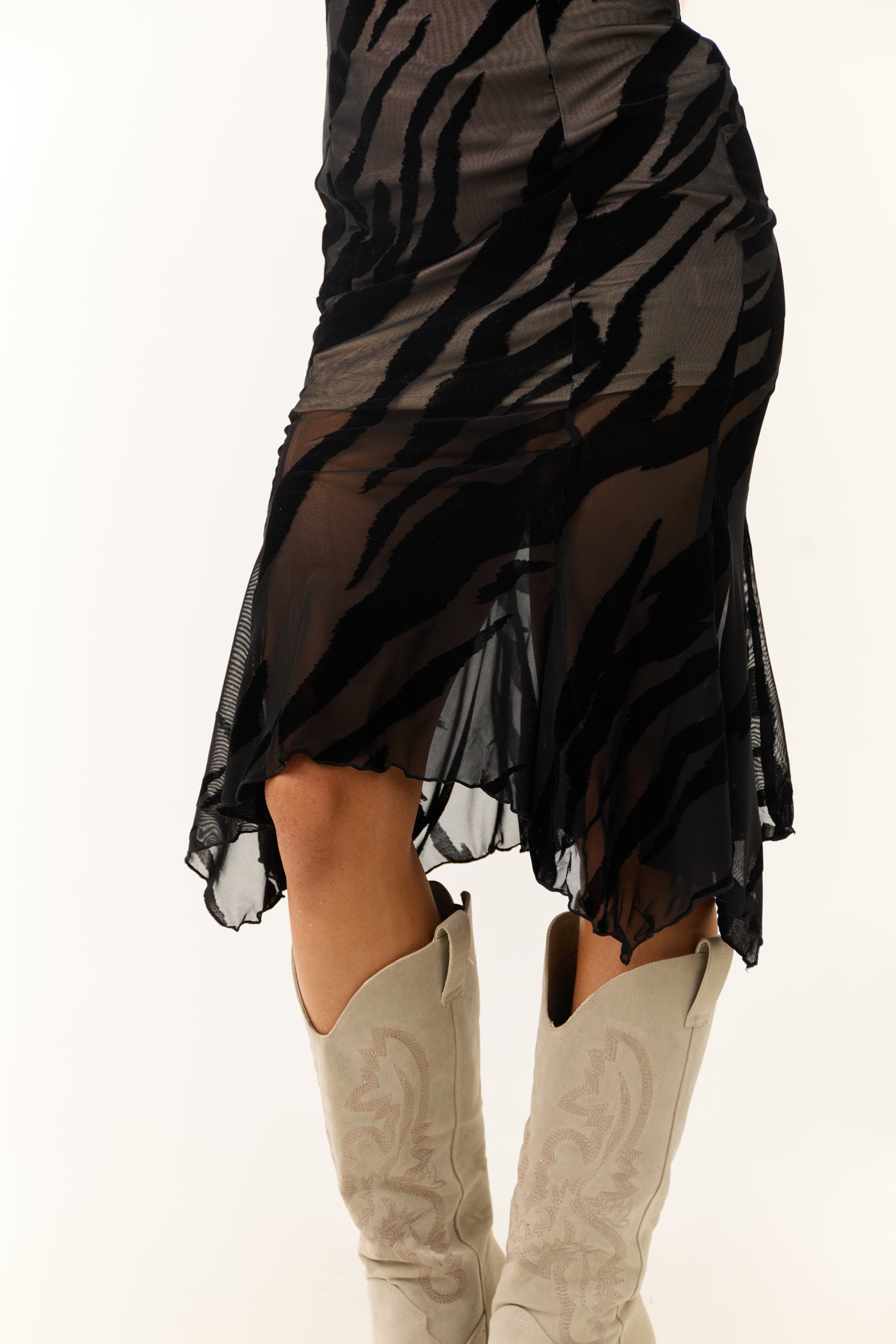 Black Zebra Overlay Fitted Midi Dress