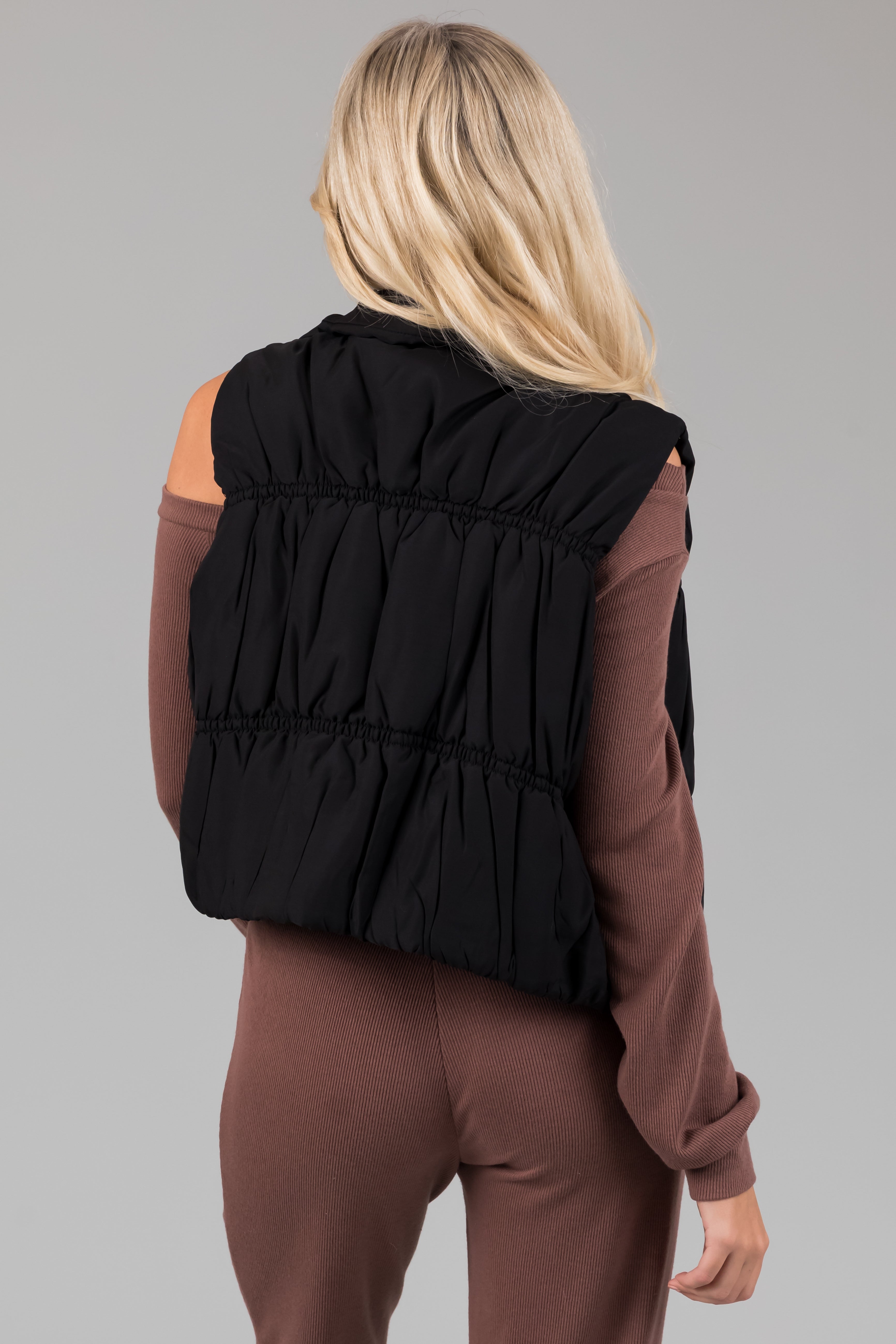 Black Zip Up Cinch Detail Puffer Vest