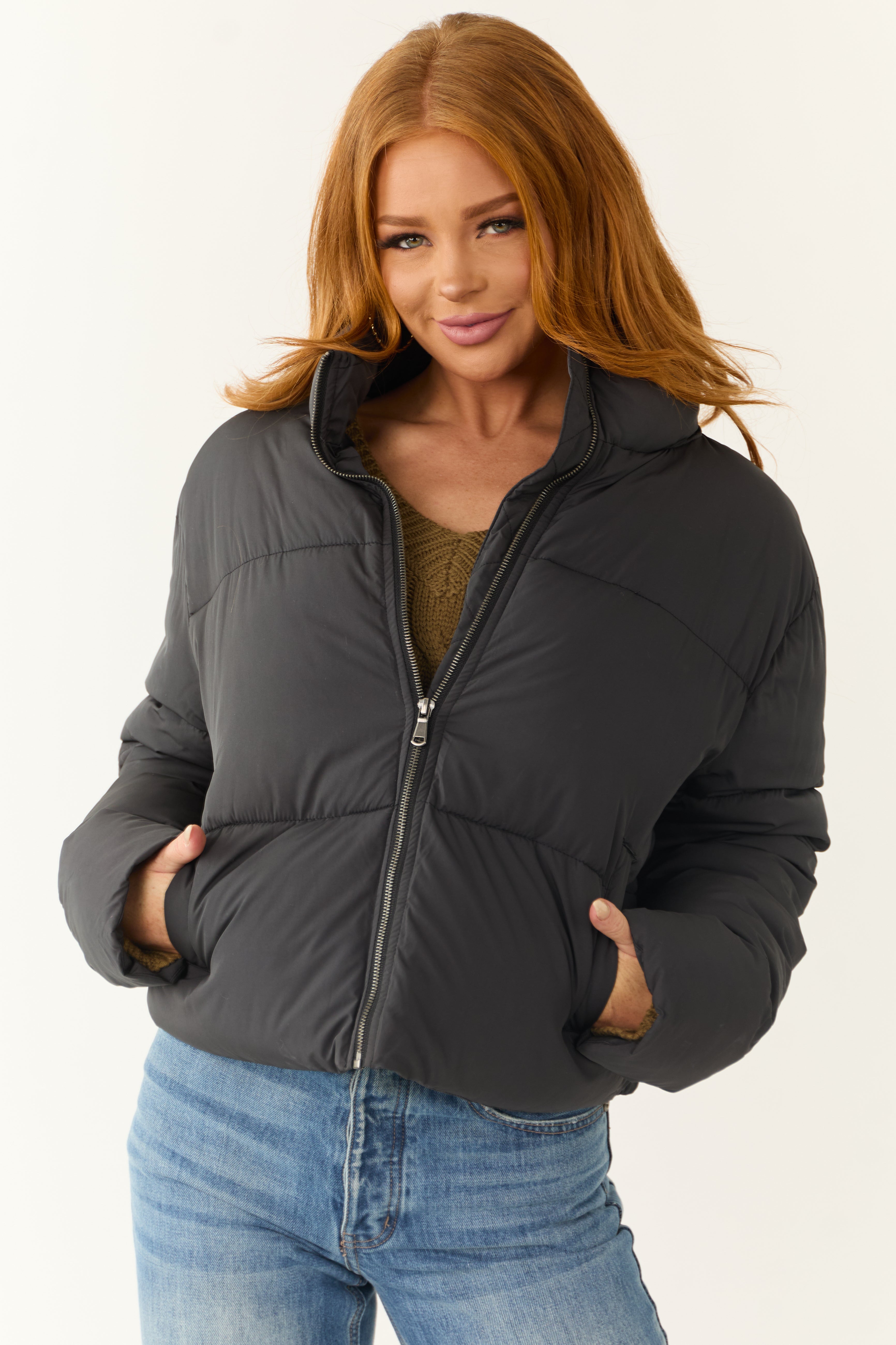 Black Zip Up Collared Quilted Puffer Jacket