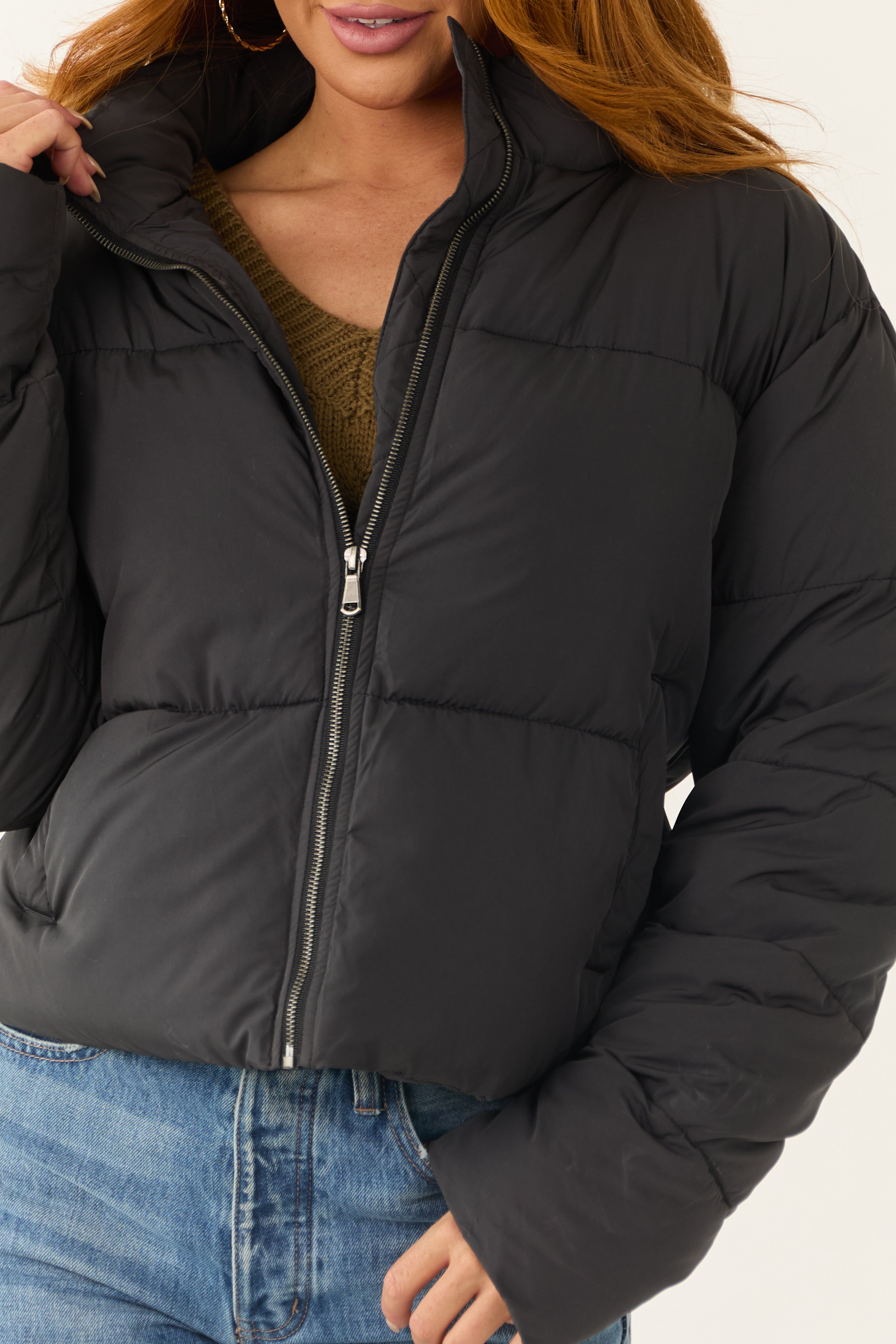 Black Zip Up Collared Quilted Puffer Jacket