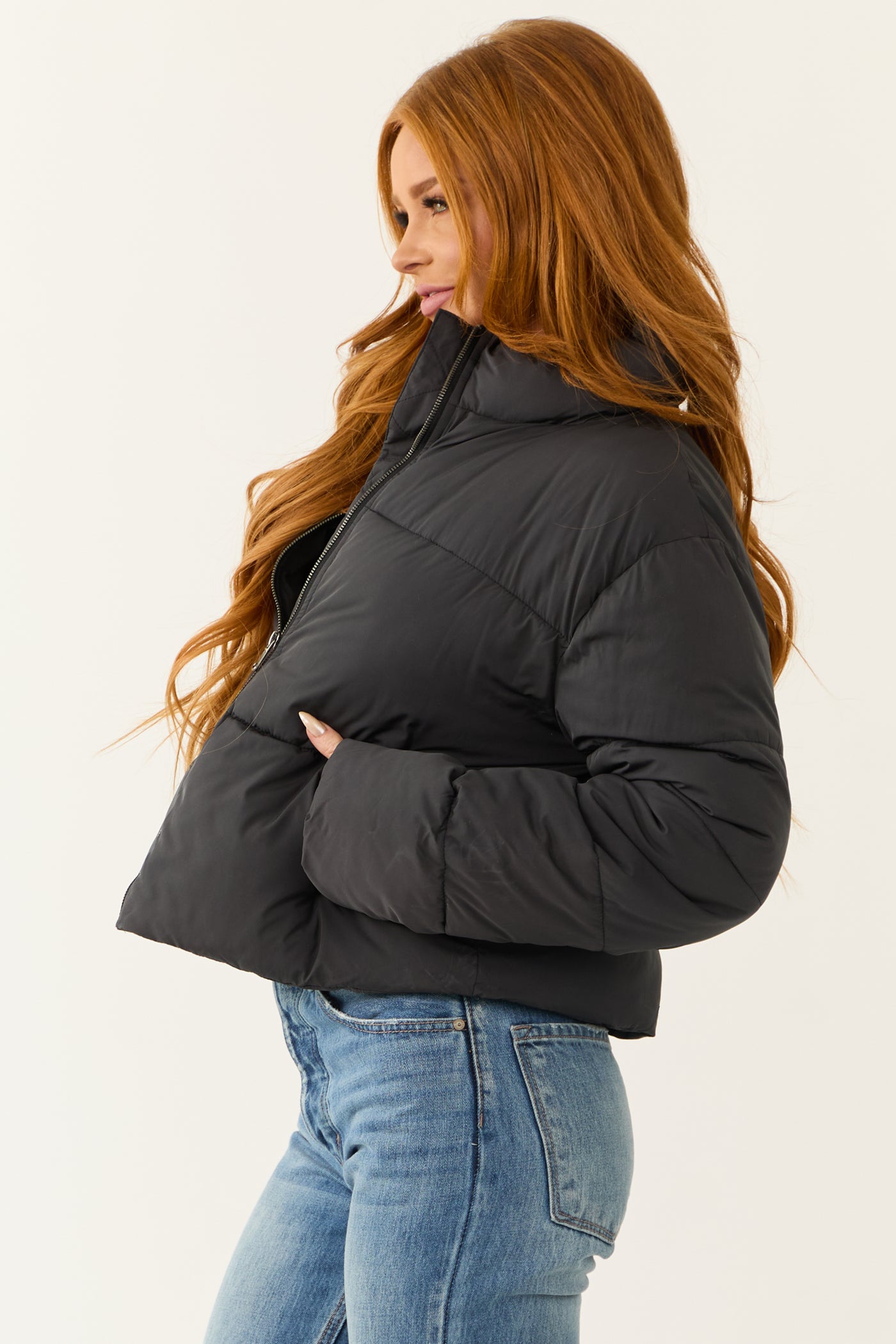 Black Zip Up Collared Quilted Puffer Jacket