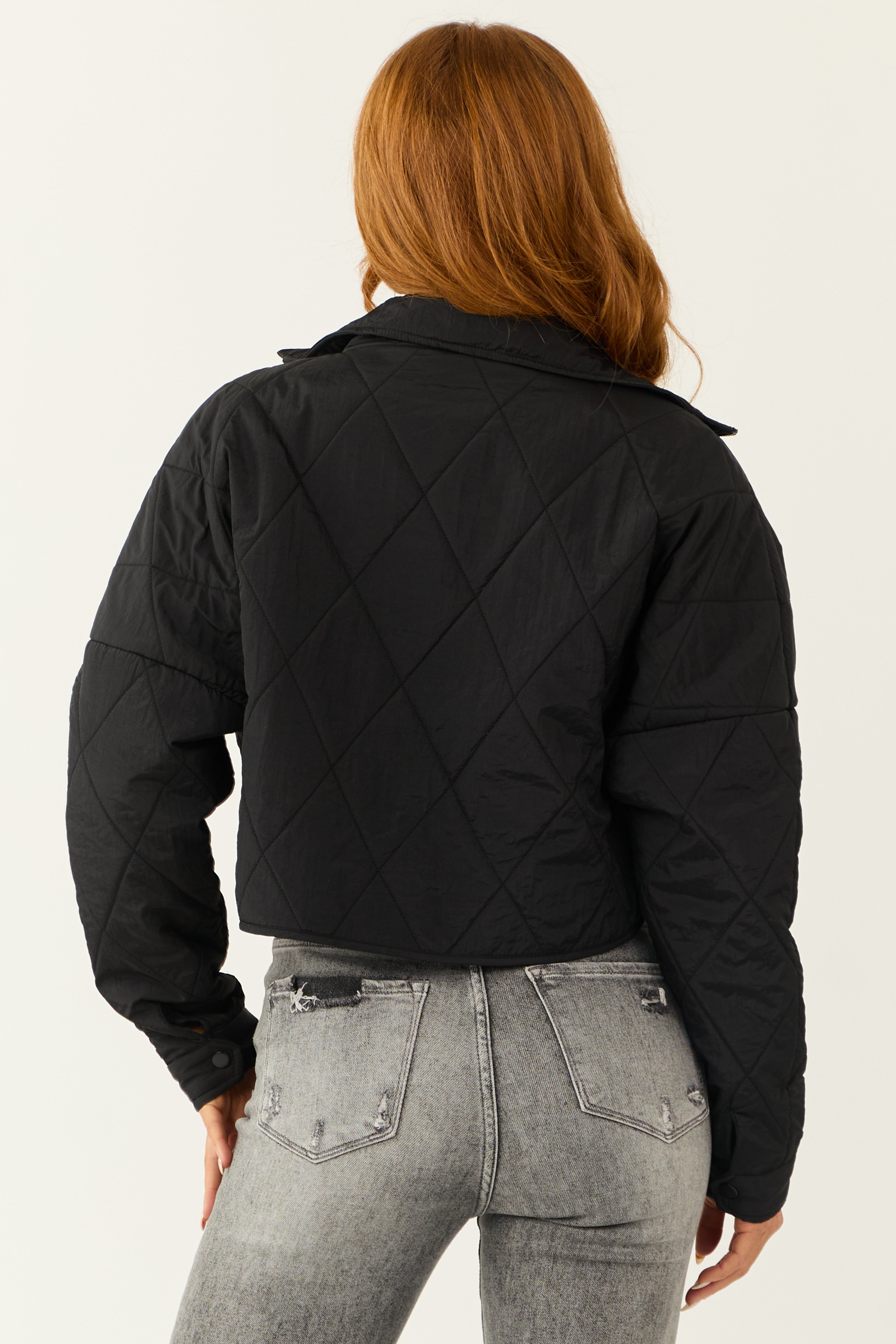 Black Zip Up Quilted Puffer Cropped Jacket