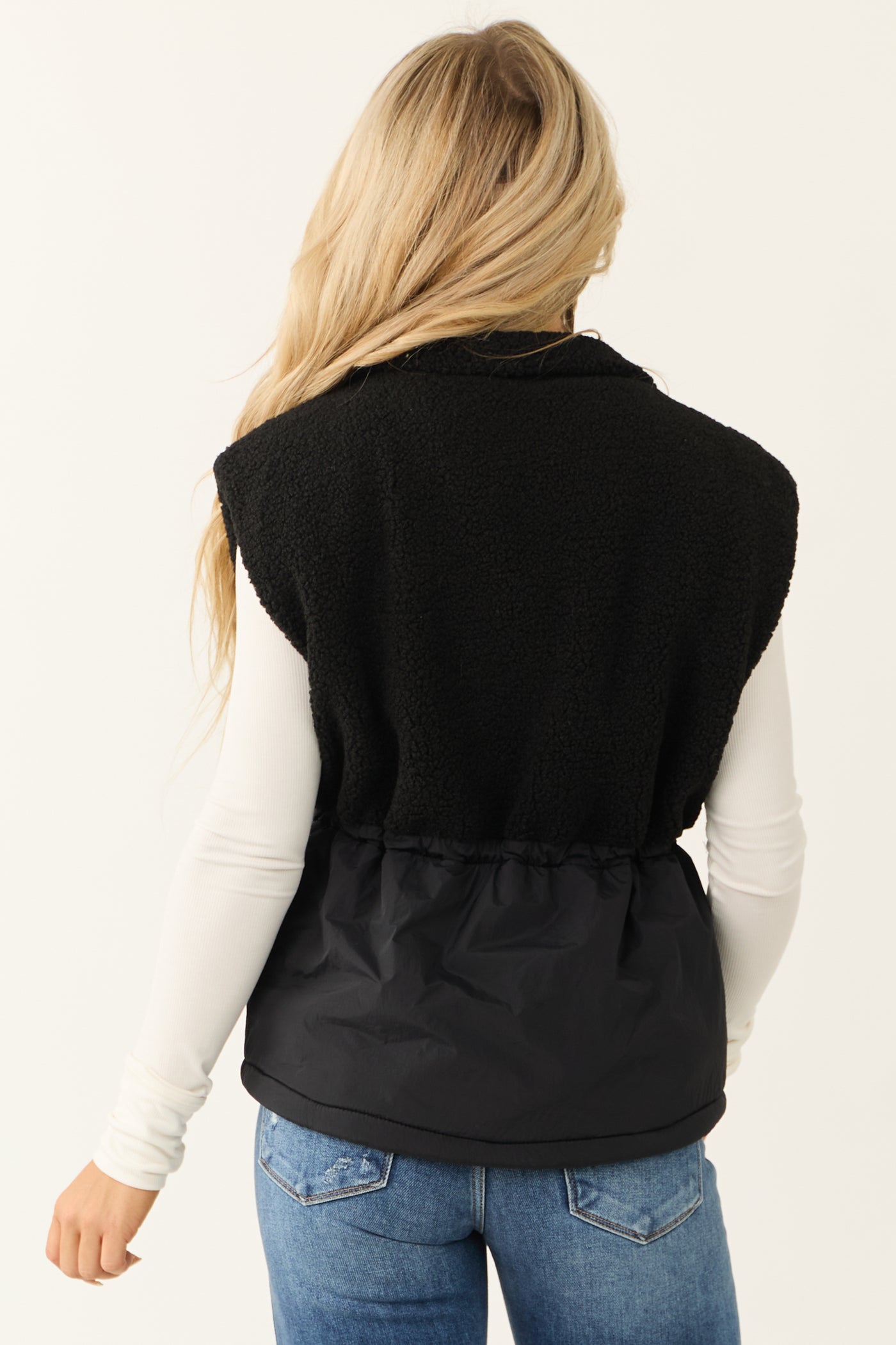 Black Zip Up Sherpa Vest with Drawstring Waist