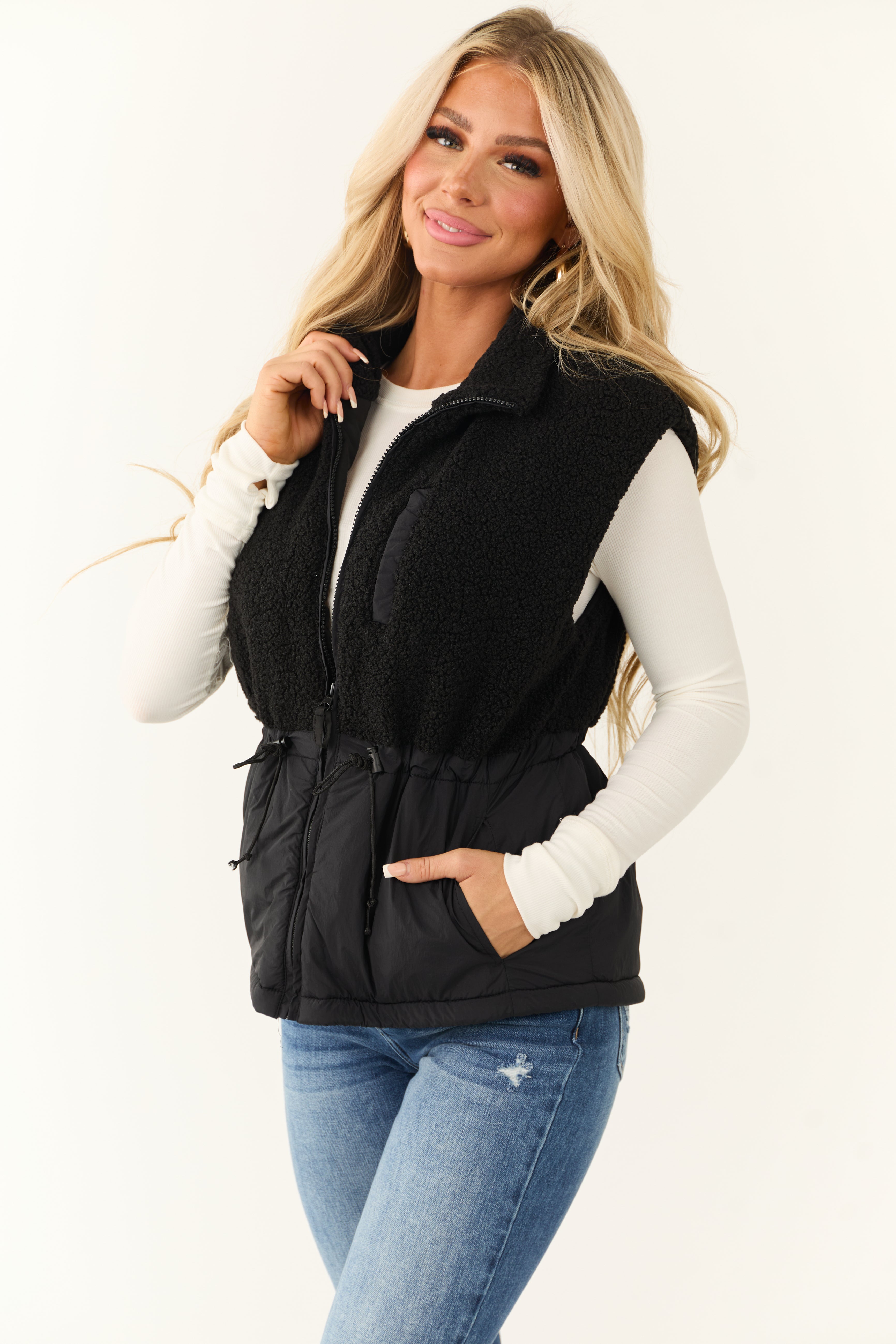 Black Zip Up Sherpa Vest with Drawstring Waist