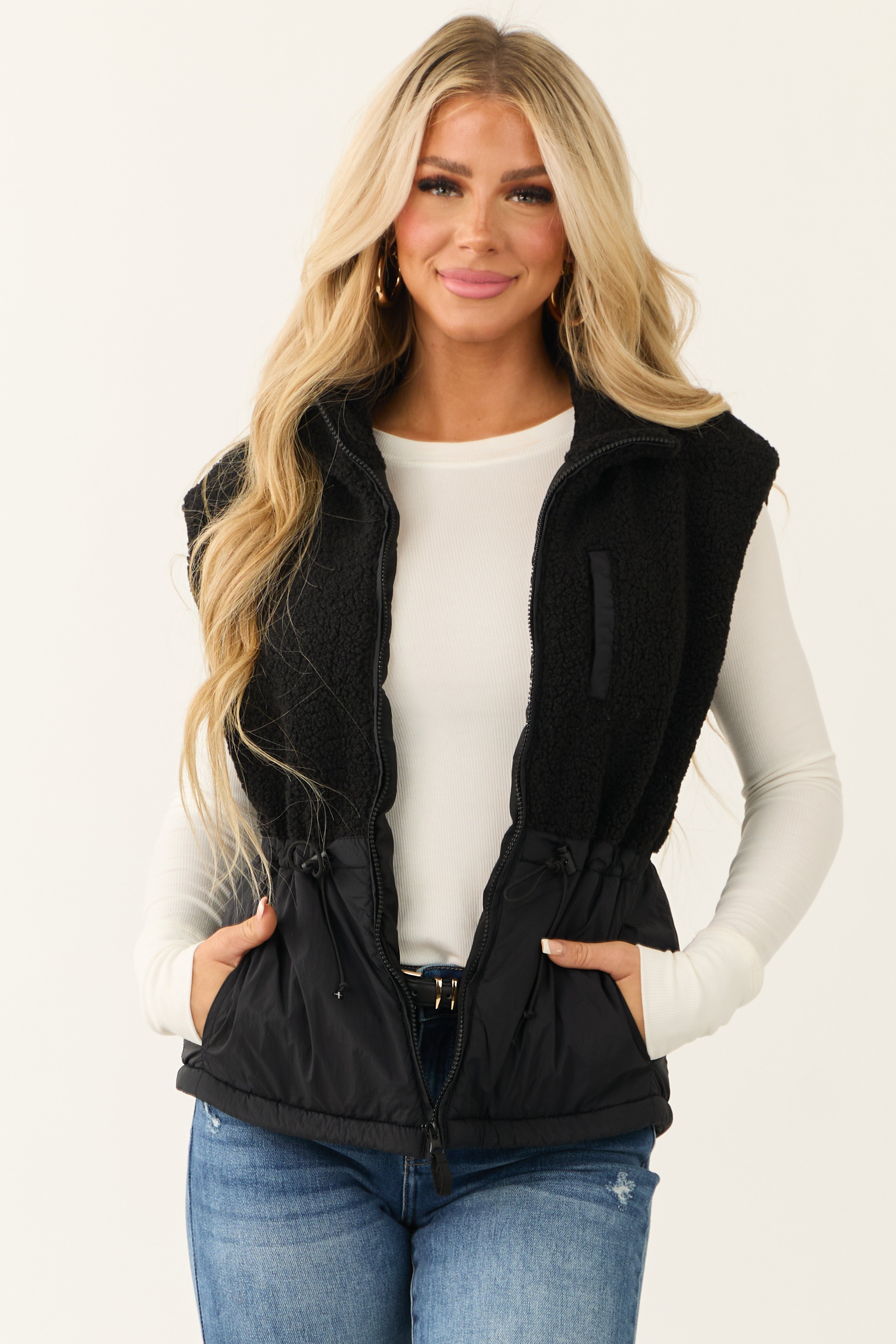 Black Zip Up Sherpa Vest with Drawstring Waist