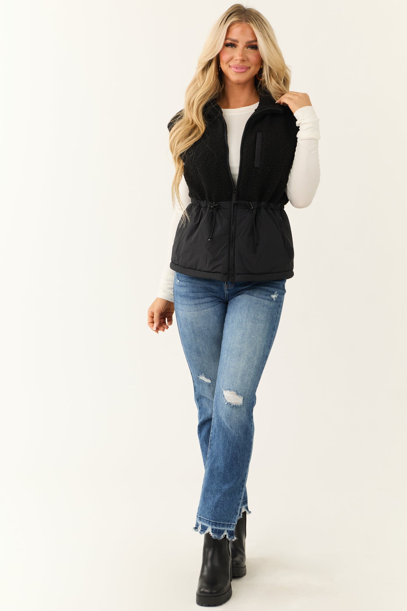 Black Zip Up Sherpa Vest with Drawstring Waist