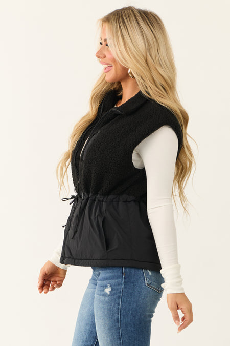 Black Zip Up Sherpa Vest with Drawstring Waist