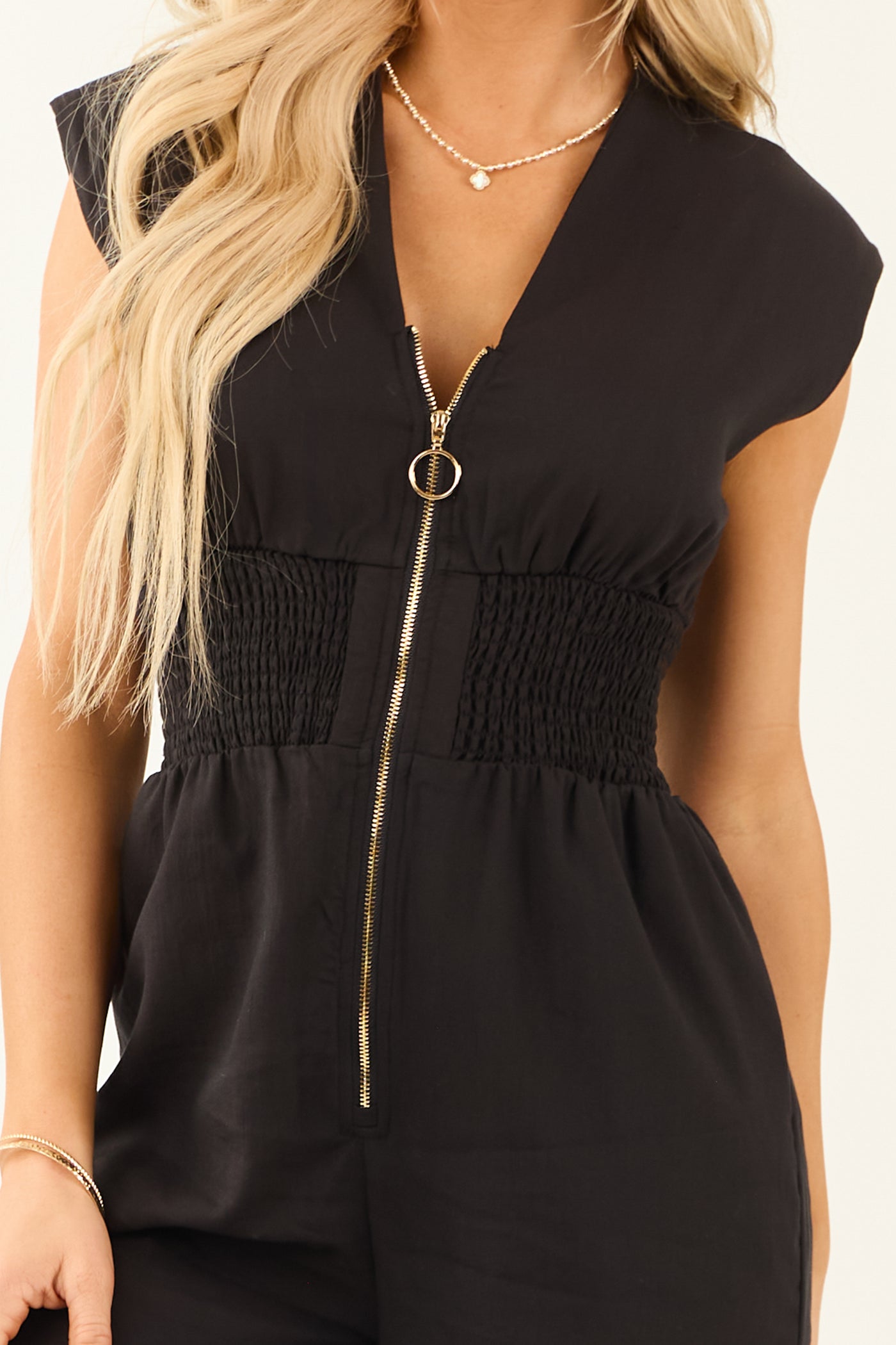 Black Zip Up Smocked Waist Wide Leg Jumpsuit