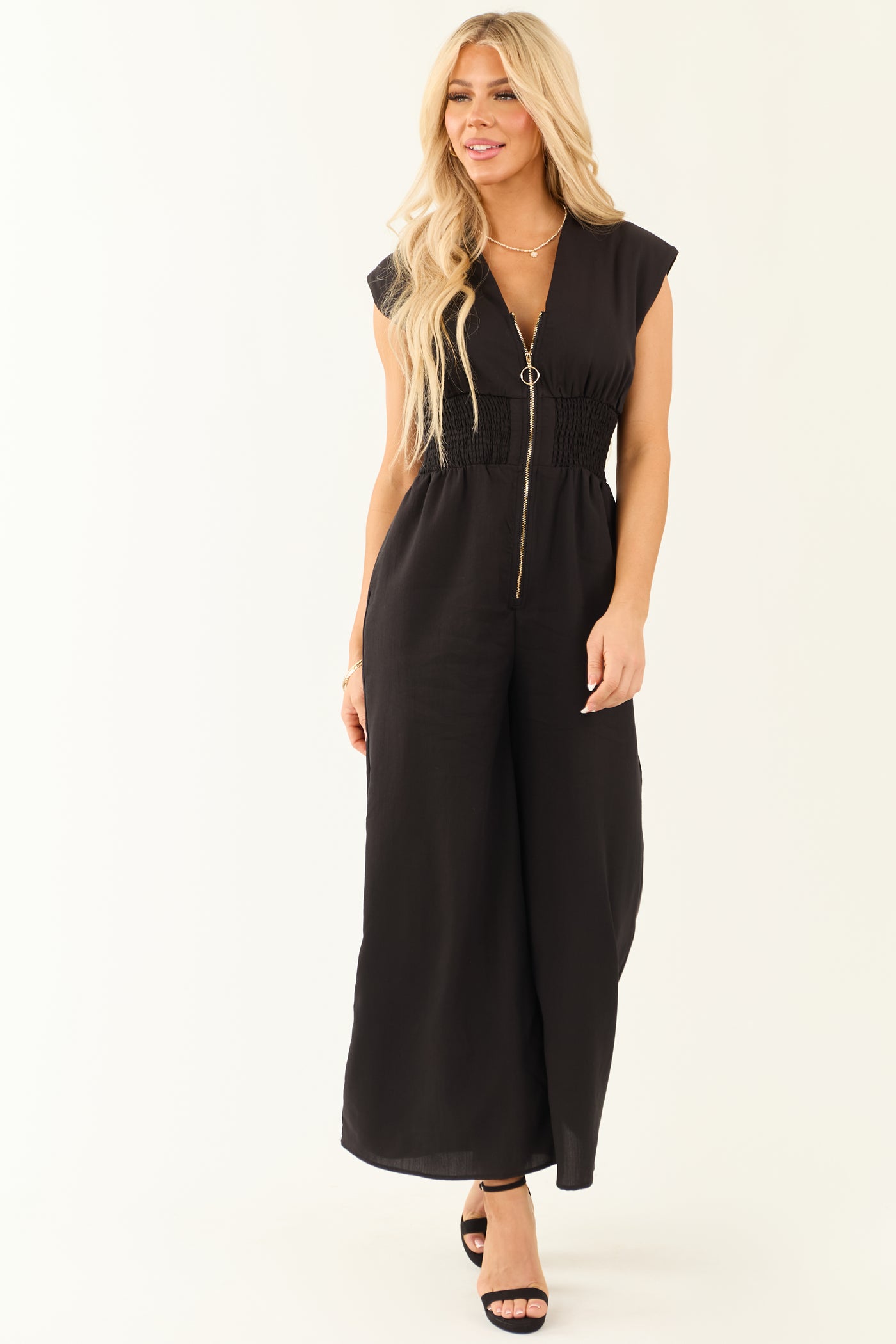 Black Zip Up Smocked Waist Wide Leg Jumpsuit