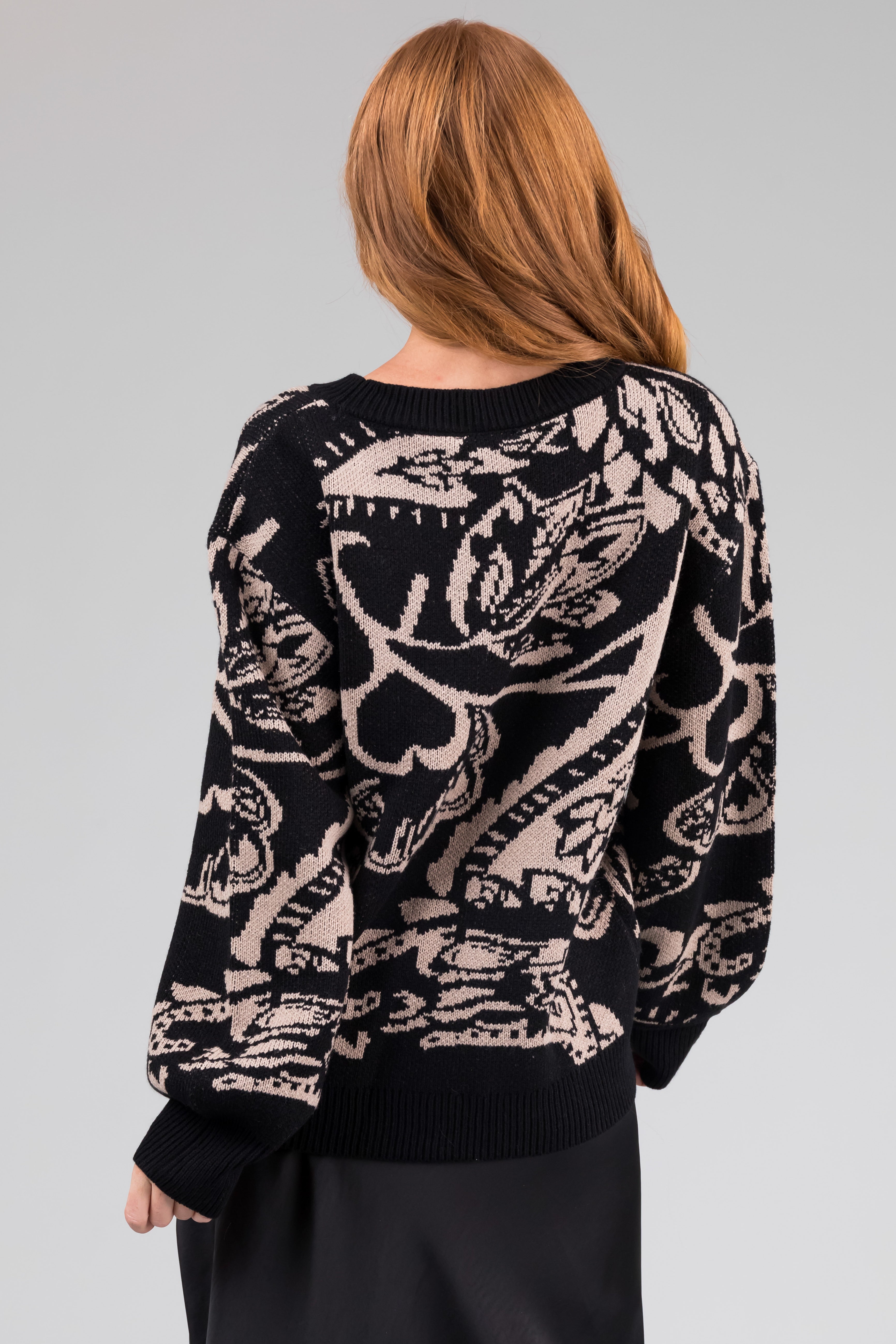 Black and Beige Abstract Print Knit Sweater