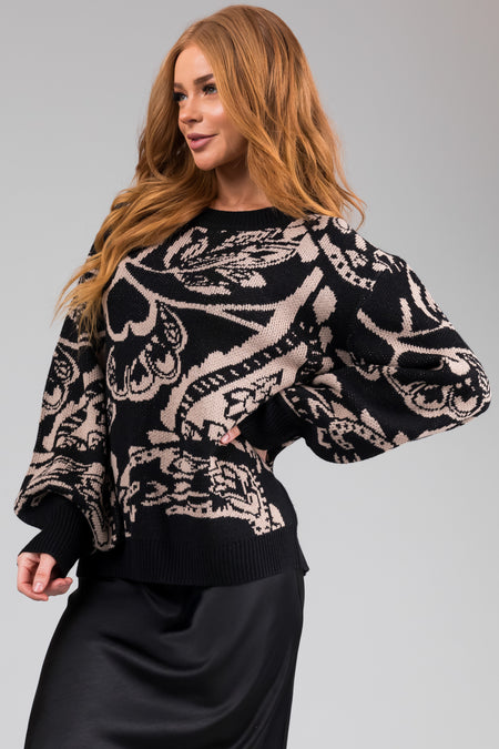 Black and Beige Abstract Print Knit Sweater