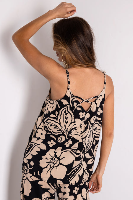 Black and Beige Floral Print V Neck Tank Top