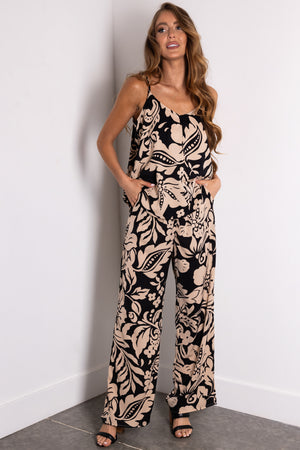 Black and Beige Floral Print Wide Leg Pants